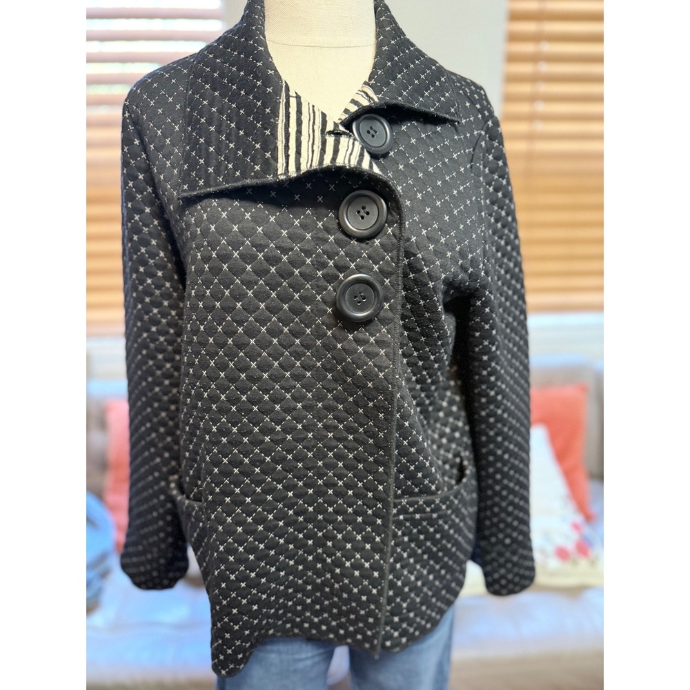 Habitat Quilted Jacket Black White Asymmetrical Button Front Striped Trim 52302